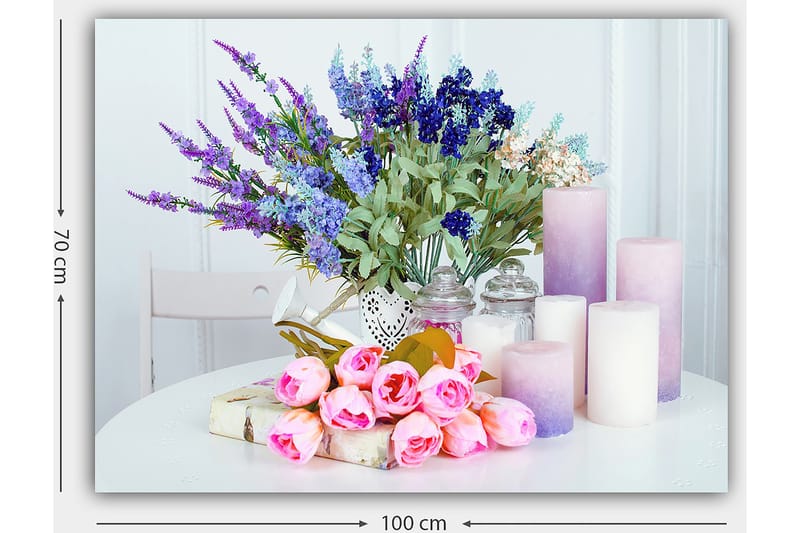 Lerretsbilde 70x100 cm - Blomsteroppsats med rosa roser og lilla blomster i en hvit vase - Rosa / Lilla / Grønn - Interiør - Maleri & posters - Lerretsbilder