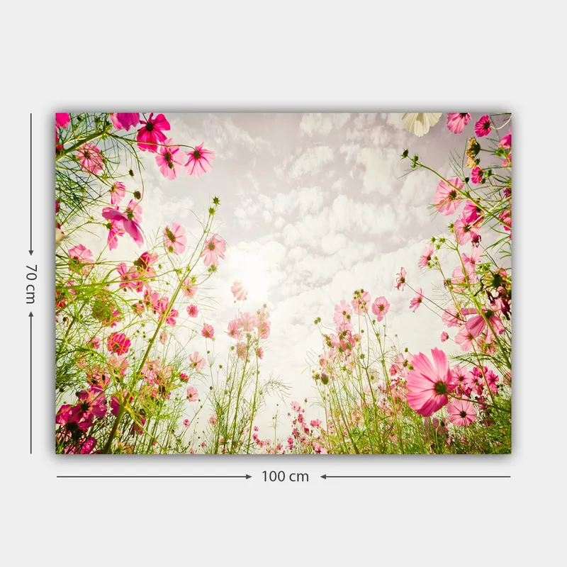 Lerretsbilde 70x100 cm - Blomstrende eng med rosa blomster som strekker seg mot en lys himmel - Rosa / Grønn - Interiør - Maleri & posters - Lerretsbilder