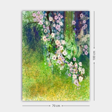 Lerretsbilde 70x100 cm - Blomstrende grener med rosa og hvite blomster i et frodig miljø - Rosa / Grønn / Hvit - Interiør - Maleri & posters - Lerretsbilder