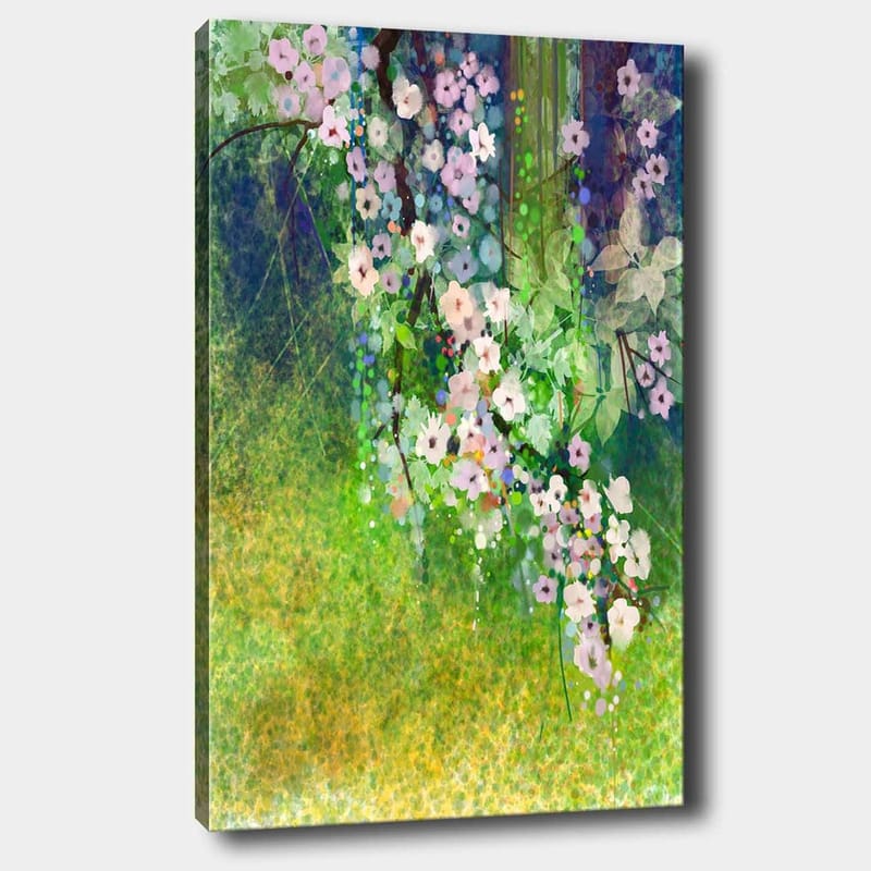 Lerretsbilde 70x100 cm - Blomstrende grener med rosa og hvite blomster i et frodig miljø, Rosa / Grønn / Hvit