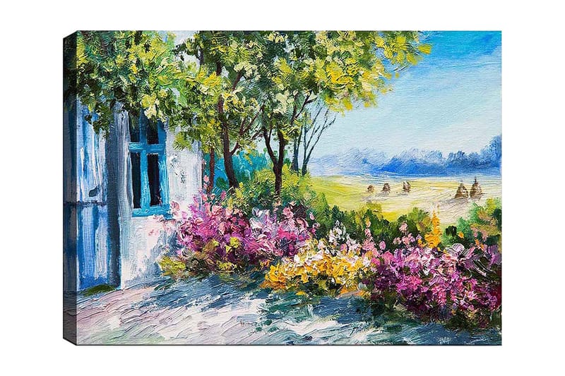Lerretsbilde 70x100 cm - Blomstrende hage med et hus og frodige trær i bakgrunnen, Grønn / Rosa / Gul