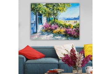 Lerretsbilde 70x100 cm - Blomstrende hage med et hus og frodige trær i bakgrunnen - Grønn / Rosa / Gul - Interiør - Maleri & posters - Lerretsbilder