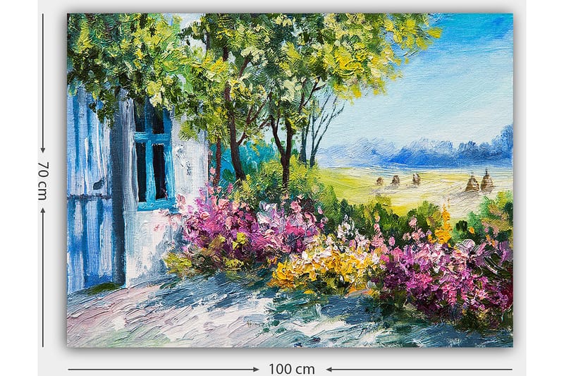 Lerretsbilde 70x100 cm - Blomstrende hage med et hus og frodige trær i bakgrunnen - Grønn / Rosa / Gul - Interiør - Maleri & posters - Lerretsbilder
