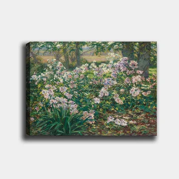 Lerretsbilde 70x100 cm - Blomstrende hage med fargerike blomster i frodige omgivelser - Grønn / Rosa / Hvit - Interiør - Maleri & posters - Lerretsbilder