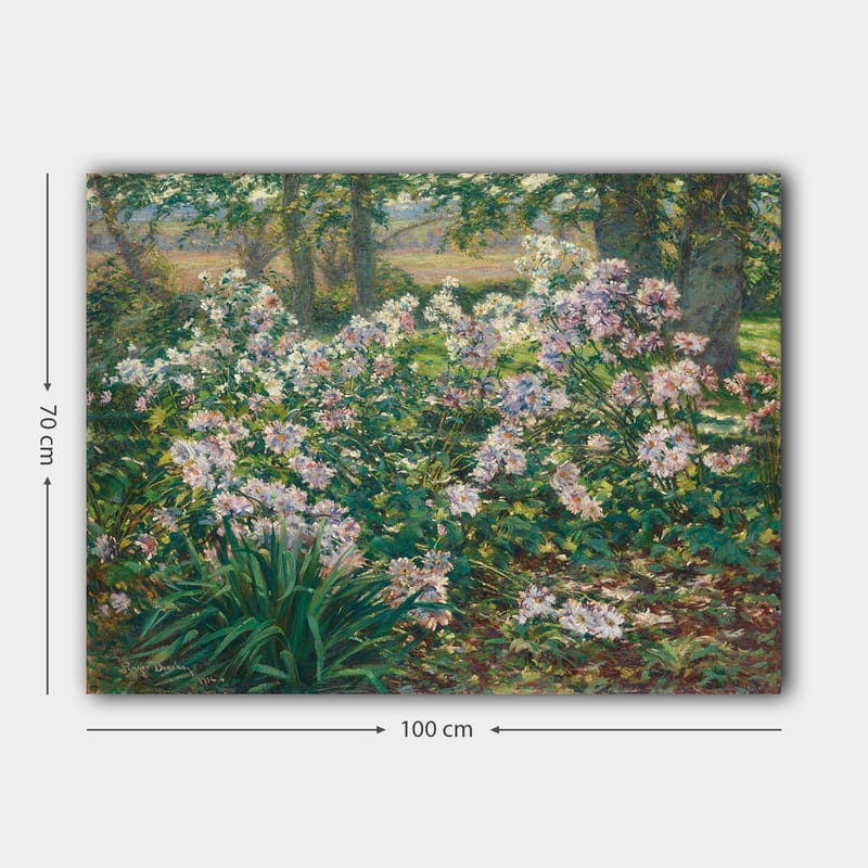 Lerretsbilde 70x100 cm - Blomstrende hage med fargerike blomster i frodige omgivelser - Grønn / Rosa / Hvit - Interiør - Maleri & posters - Lerretsbilder