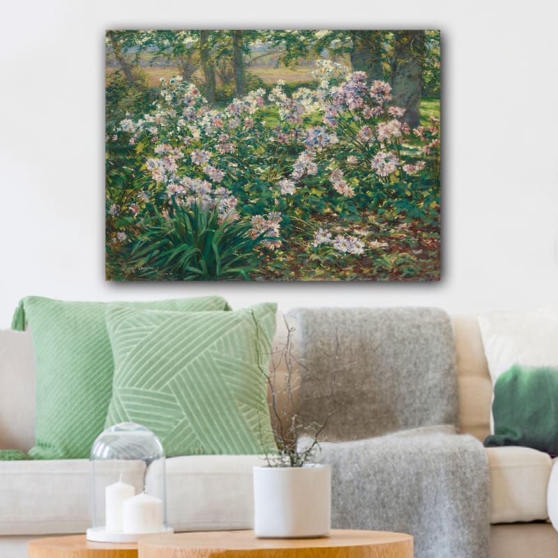 Lerretsbilde 70x100 cm - Blomstrende hage med fargerike blomster i frodige omgivelser - Grønn / Rosa / Hvit - Interiør - Maleri & posters - Lerretsbilder