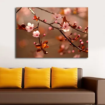 Lerretsbilde 70x100 cm - Blomstrende kirsebærgrener med rosa blomster og brune blader - Rosa / Brun - Interiør - Maleri & posters - Lerretsbilder