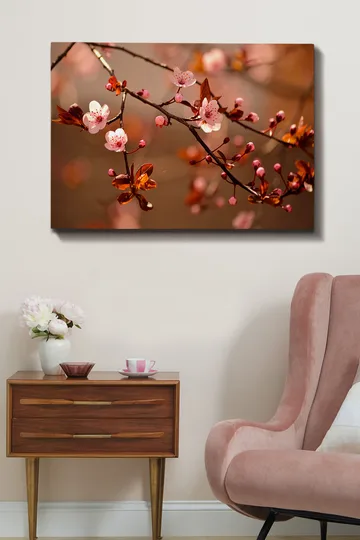 Lerretsbilde 70x100 cm - Blomstrende kirsebærgrener med rosa blomster og knopper - Rosa / Brun / Mørk rød - Interiør - Maleri & posters - Lerretsbilder