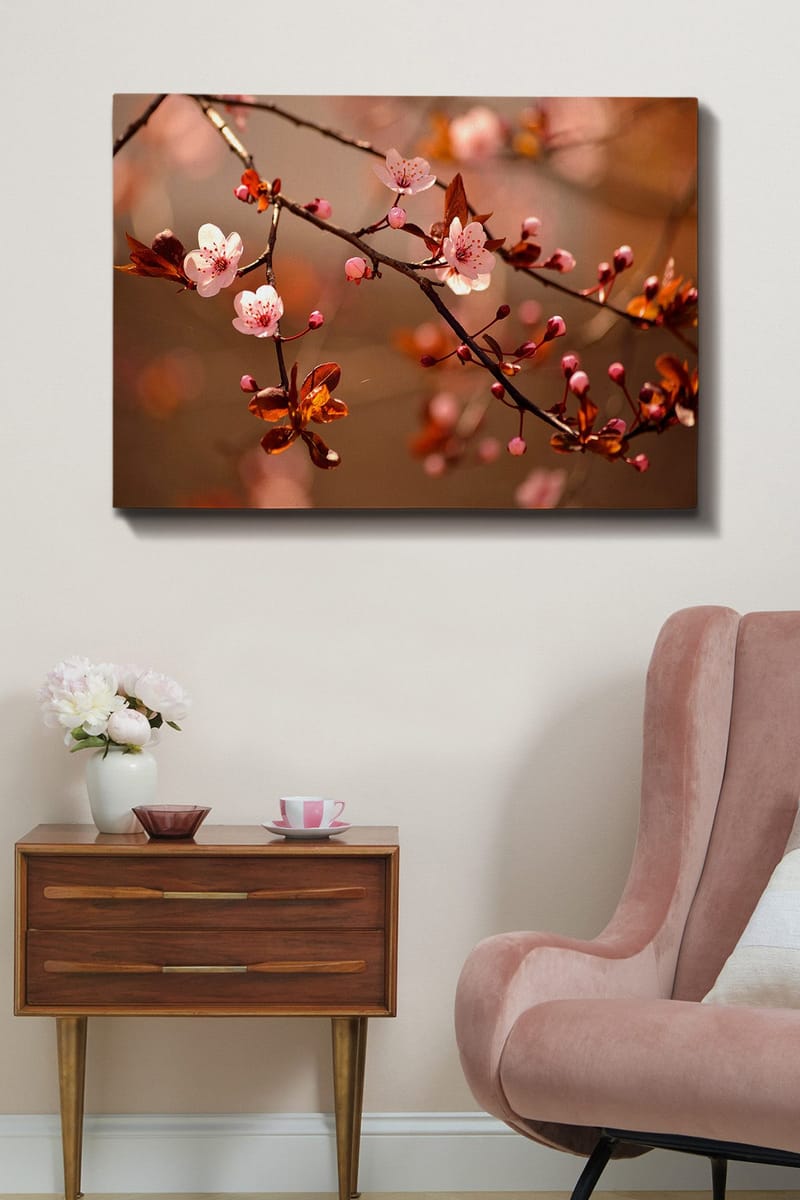 Lerretsbilde 70x100 cm - Blomstrende kirsebærgrener med rosa blomster og knopper - Rosa / Brun / Mørk rød - Interiør - Maleri & posters - Lerretsbilder