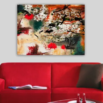 Lerretsbilde 70x100 cm - Blomstrende kirsebærtrær i en abstrakt komposisjon med sterke farger - Hvit / Rød / Oransje - Interiør - Maleri & posters - Lerretsbilder