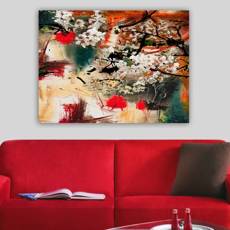 Lerretsbilde 70x100 cm - Blomstrende kirsebærtrær i en abstrakt komposisjon med sterke farger - Hvit / Rød / Oransje - Interiør - Maleri & posters - Lerretsbilder