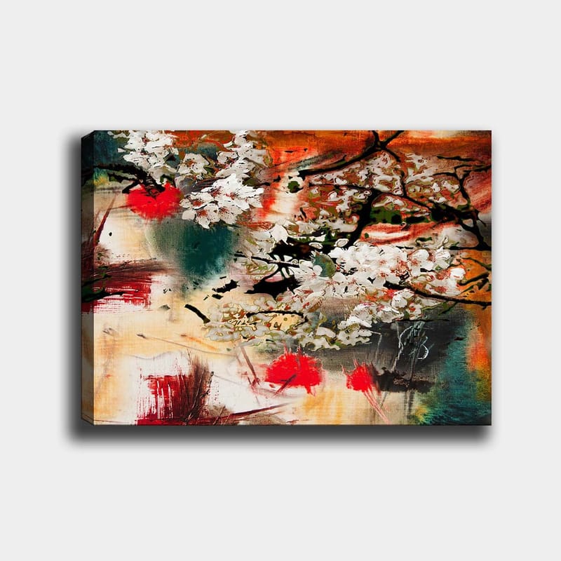 Lerretsbilde 70x100 cm - Blomstrende kirsebærtrær i en abstrakt komposisjon med sterke farger, Hvit / Rød / Oransje