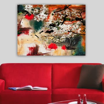 Lerretsbilde 70x100 cm - Blomstrende kirsebærtrær i en abstrakt komposisjon med sterke farger - Hvit / Rød / Oransje - Interiør - Maleri & posters - Lerretsbilder
