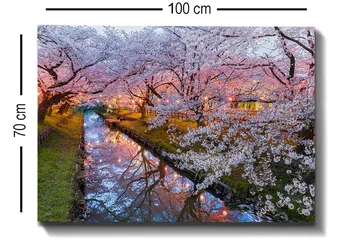 Lerretsbilde 70x100 cm - Blomstrende kirsebærtrær ved en stille kanal i skumringen - Rosa / Hvit / Grønn - Interiør - Maleri & posters - Lerretsbilder