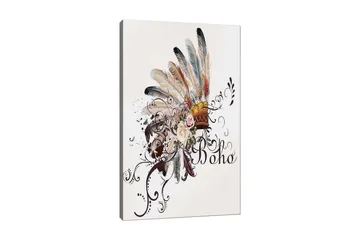 Lerretsbilde 70x100 cm - Bohemsk fjærhodepryd med blomster og dekorative elementer - Beige / Brun / Rosa - Interiør - Maleri & posters - Lerretsbilder