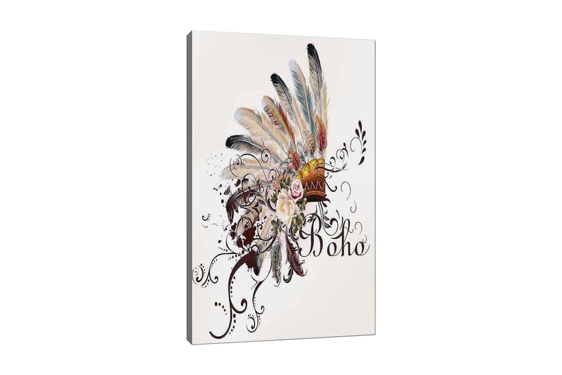 Lerretsbilde 70x100 cm - Bohemsk fjærhodepryd med blomster og dekorative elementer, Beige / Brun / Rosa