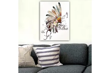 Lerretsbilde 70x100 cm - Bohemsk fjærhodepryd med blomster og dekorative elementer - Beige / Brun / Rosa - Interiør - Maleri & posters - Lerretsbilder