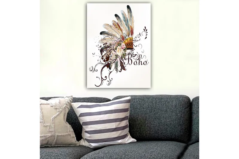 Lerretsbilde 70x100 cm - Bohemsk fjærhodepryd med blomster og dekorative elementer - Beige / Brun / Rosa - Interiør - Maleri & posters - Lerretsbilder