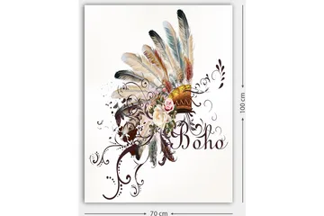 Lerretsbilde 70x100 cm - Bohemsk fjærhodepryd med blomster og dekorative elementer - Beige / Brun / Rosa - Interiør - Maleri & posters - Lerretsbilder