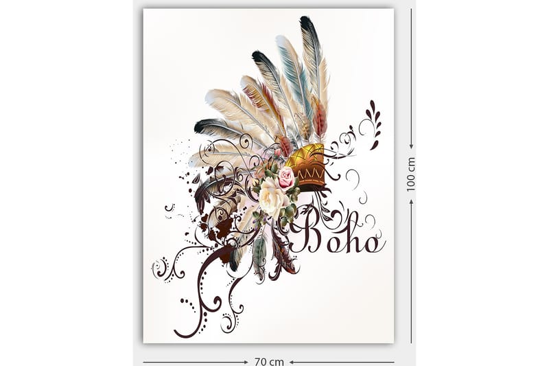Lerretsbilde 70x100 cm - Bohemsk fjærhodepryd med blomster og dekorative elementer - Beige / Brun / Rosa - Interiør - Maleri & posters - Lerretsbilder