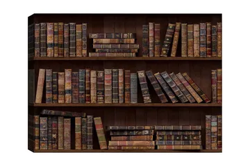 Lerretsbilde 70x100 cm - Bokhylle fylt med gamle bøker i forskjellige størrelser og farger - Mørk brun / Beige / Mørk grønn - Interiør - Maleri & posters - Lerretsbilder