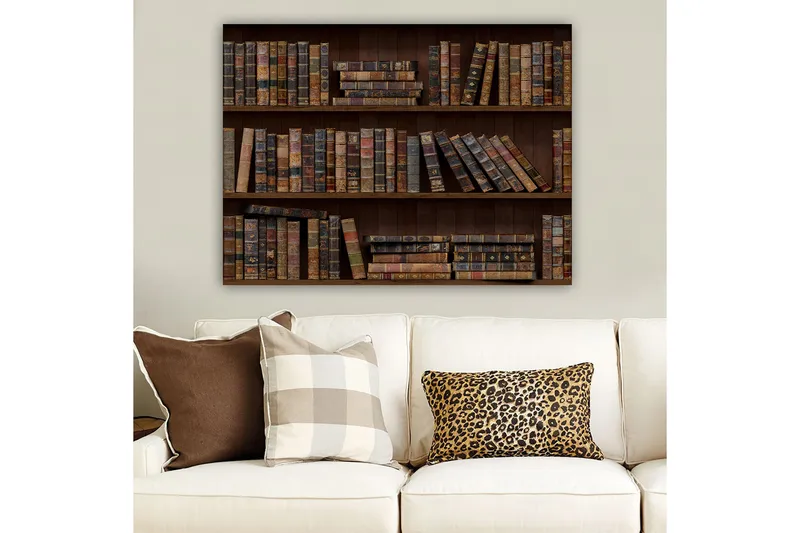 Lerretsbilde 70x100 cm - Bokhylle fylt med gamle bøker i forskjellige størrelser og farger - Mørk brun / Beige / Mørk grønn - Interiør - Maleri & posters - Lerretsbilder