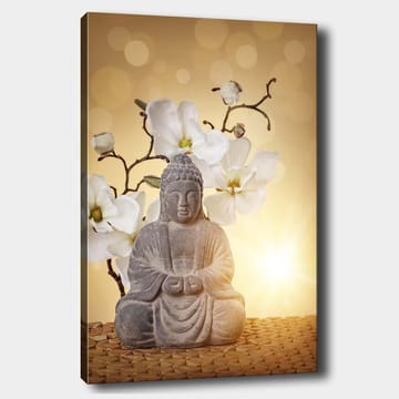 Lerretsbilde 70x100 cm - Buddha-statue omgitt av hvite blomster og en myk, gyllen bakgrunn - Grå / Hvit / Gyllen - Interiør - Maleri & posters - Lerretsbilder
