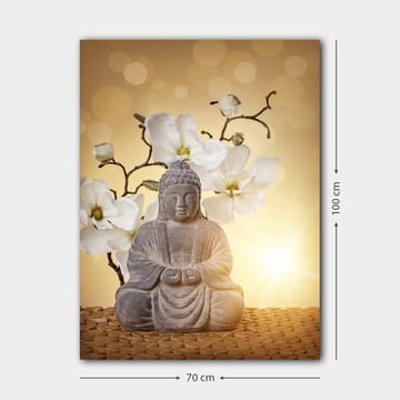 Lerretsbilde 70x100 cm - Buddha-statue omgitt av hvite blomster og en myk, gyllen bakgrunn - Grå / Hvit / Gyllen - Interiør - Maleri & posters - Lerretsbilder