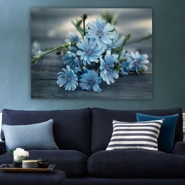 Lerretsbilde 70x100 cm - Bukett med lyseblå blomster som ligger på en mørk overflate - Lys blå / Grønn - Interiør - Maleri & posters - Lerretsbilder