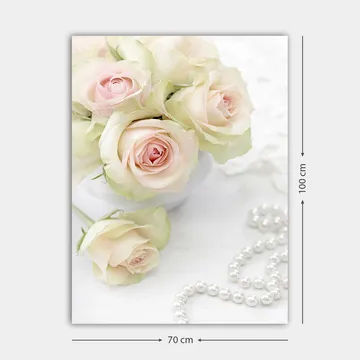 Lerretsbilde 70x100 cm - Bukett med lyserosa roser i en hvit potte - Lys rosa / Grønn / Hvit - Interiør - Maleri & posters - Lerretsbilder