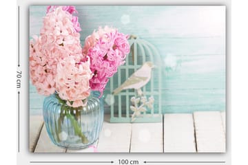 Lerretsbilde 70x100 cm - Bukett med rosa hyasinter i en glassvase - Rosa / Lys blå / Grønn - Interiør - Maleri & posters - Lerretsbilder