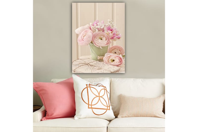 Lerretsbilde 70x100 cm - Bukett med rosa ranunkel i en grønn potte - Rosa / Grønn / Hvit - Interiør - Maleri & posters - Lerretsbilder