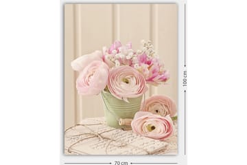 Lerretsbilde 70x100 cm - Bukett med rosa ranunkel i en grønn potte - Rosa / Grønn / Hvit - Interiør - Maleri & posters - Lerretsbilder