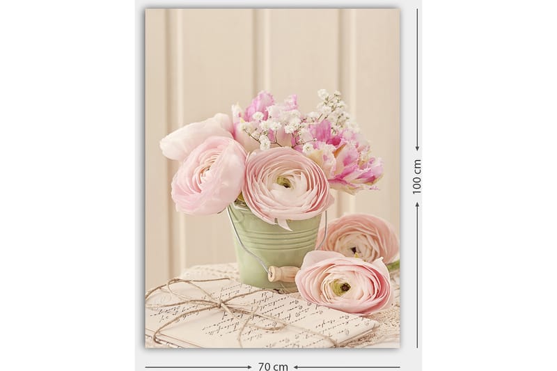 Lerretsbilde 70x100 cm - Bukett med rosa ranunkel i en grønn potte - Rosa / Grønn / Hvit - Interiør - Maleri & posters - Lerretsbilder