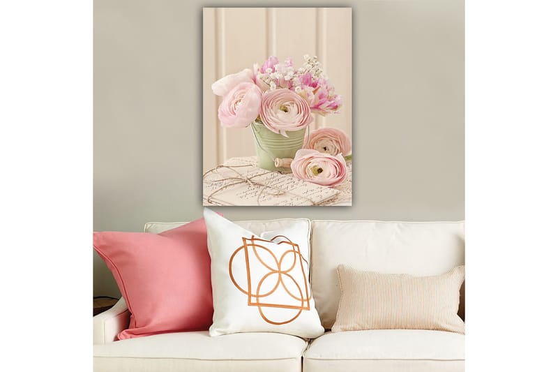 Lerretsbilde 70x100 cm - Bukett med rosa ranunkel i en grønn potte - Rosa / Grønn / Hvit - Interiør - Maleri & posters - Lerretsbilder