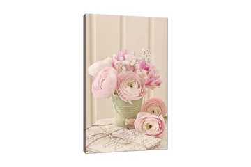 Lerretsbilde 70x100 cm - Bukett med rosa ranunkel i en grønn potte - Rosa / Grønn / Hvit - Interiør - Maleri & posters - Lerretsbilder