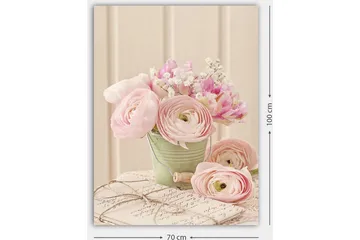 Lerretsbilde 70x100 cm - Bukett med rosa ranunkel i en grønn potte - Rosa / Grønn / Hvit - Interiør - Maleri & posters - Lerretsbilder
