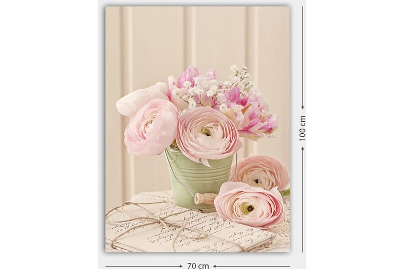 Lerretsbilde 70x100 cm - Bukett med rosa ranunkel i en grønn potte - Rosa / Grønn / Hvit - Interiør - Maleri & posters - Lerretsbilder