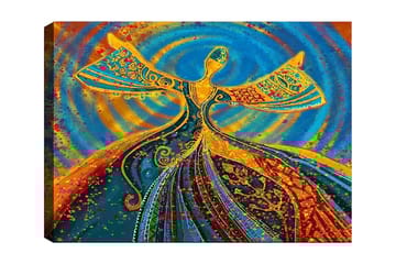 Lerretsbilde 70x100 cm - Dansende figur med utstrakte armer i en fargerik og levende komposisjon - Blå / Oransje / Grønn - Interiør - Maleri & posters - Lerretsbilder