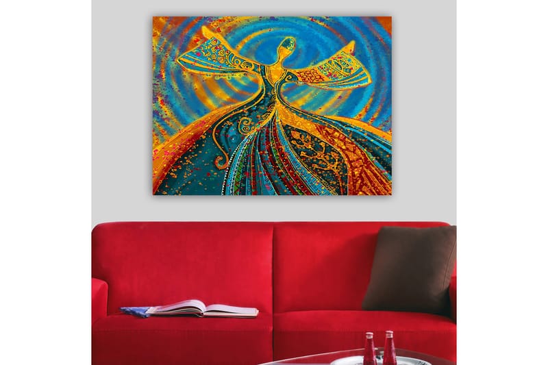 Lerretsbilde 70x100 cm - Dansende figur med utstrakte armer i en fargerik og levende komposisjon - Blå / Oransje / Grønn - Interiør - Maleri & posters - Lerretsbilder