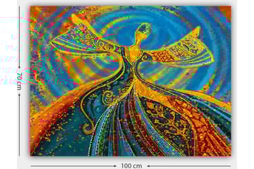 Lerretsbilde 70x100 cm - Dansende figur med utstrakte armer i en fargerik og levende komposisjon - Blå / Oransje / Grønn - Interiør - Maleri & posters - Lerretsbilder