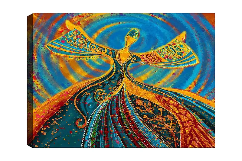 Lerretsbilde 70x100 cm - Dansende figur med utstrakte armer i en fargerik og levende komposisjon, Blå / Oransje / Grønn