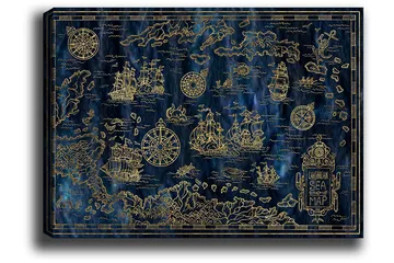 Lerretsbilde 70x100 cm - Detaljert kart over Det karibiske hav med seilbåter og kompass i gullmotiver - Mørk blå / Gull - Interiør - Maleri & posters - Lerretsbilder