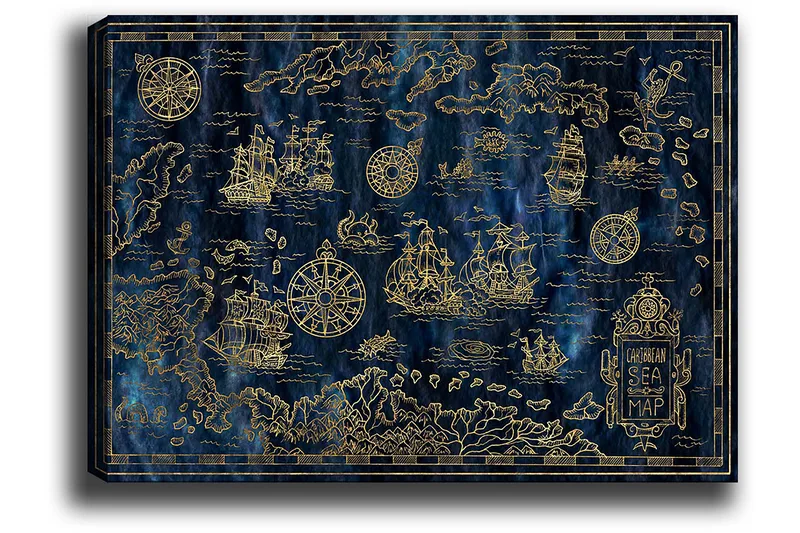 Lerretsbilde 70x100 cm - Detaljert kart over Det karibiske hav med seilbåter og kompass i gullmotiver, Mørk blå / Gull