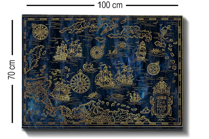 Lerretsbilde 70x100 cm - Detaljert kart over Det karibiske hav med seilbåter og kompass i gullmotiver - Mørk blå / Gull - Interiør - Maleri & posters - Lerretsbilder