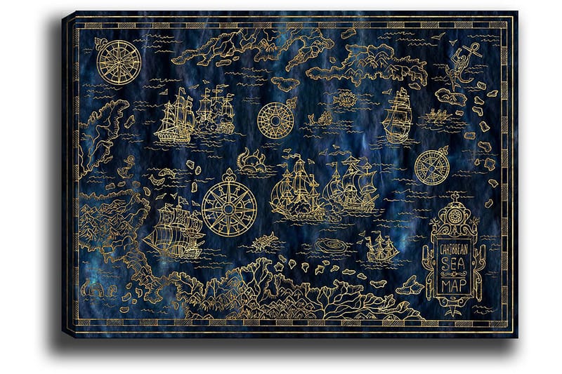 Lerretsbilde 70x100 cm - Detaljert kart over Det karibiske hav med seilbåter og kompass i gullmotiver, Mørk blå / Gull