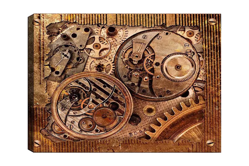 Lerretsbilde 70x100 cm - Detaljert komposisjon av urverk med gir og mekaniske deler - Bronse / Kobber / Gull - Interiør - Maleri & posters - Lerretsbilder