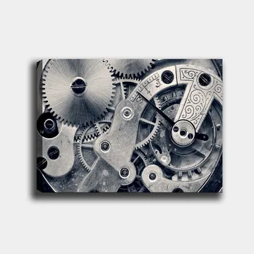 Lerretsbilde 70x100 cm - Detaljert nærbilde av urverkets gir og mekanikk - Sølv / Grå - Interiør - Maleri & posters - Lerretsbilder