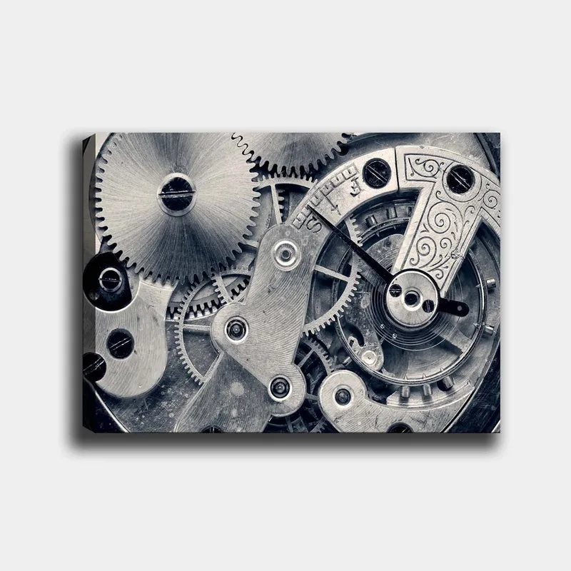 Lerretsbilde 70x100 cm - Detaljert nærbilde av urverkets gir og mekanikk, Sølv / Grå