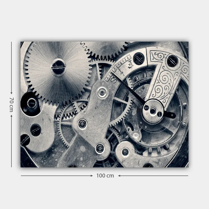Lerretsbilde 70x100 cm - Detaljert nærbilde av urverkets gir og mekanikk - Sølv / Grå - Interiør - Maleri & posters - Lerretsbilder